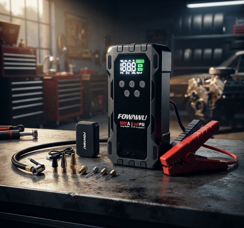 مراجعة شاملة لجهاز FOWAWU Car Jump Starter مع ضاغط الهواء بسعر 360 ريال سعودي – مقارنة مع أفضل البدائل