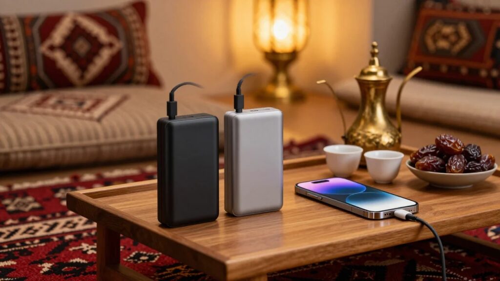 باور بانك 20000 مللي أمبير أسود ورمادي بكابلات USB-C مدمجة بجانب جوال ودلة نحاسية وفناجين وتمر على صينية خشبية فوق سجادة سدو في مجلس سعودي دافئ