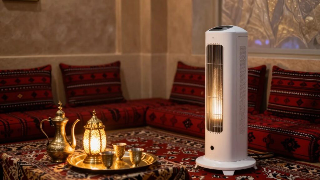 دفاية كهربائية بيضاء حديثة في مجلس سعودي بوسائد سدو حمراء ودلة نحاسية وفناجين قهوة على صينية وإضاءة دافئة في ليلة شتوية