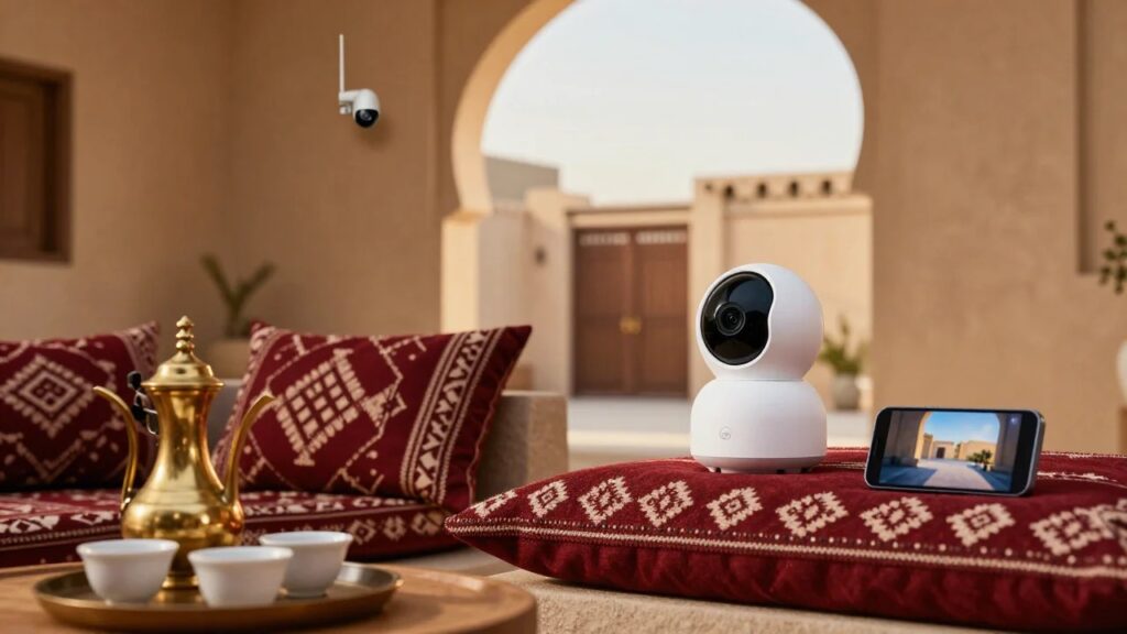 كاميرا مراقبة منزلية دوارة على وسادة في مجلس سعودي مع دلة وفناجين وكاميرا خارجية على الجدار — دليل أفضل كاميرا مراقبة 2026