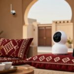 كاميرا مراقبة منزلية دوارة على وسادة في مجلس سعودي مع دلة وفناجين وكاميرا خارجية على الجدار — دليل أفضل كاميرا مراقبة 2026