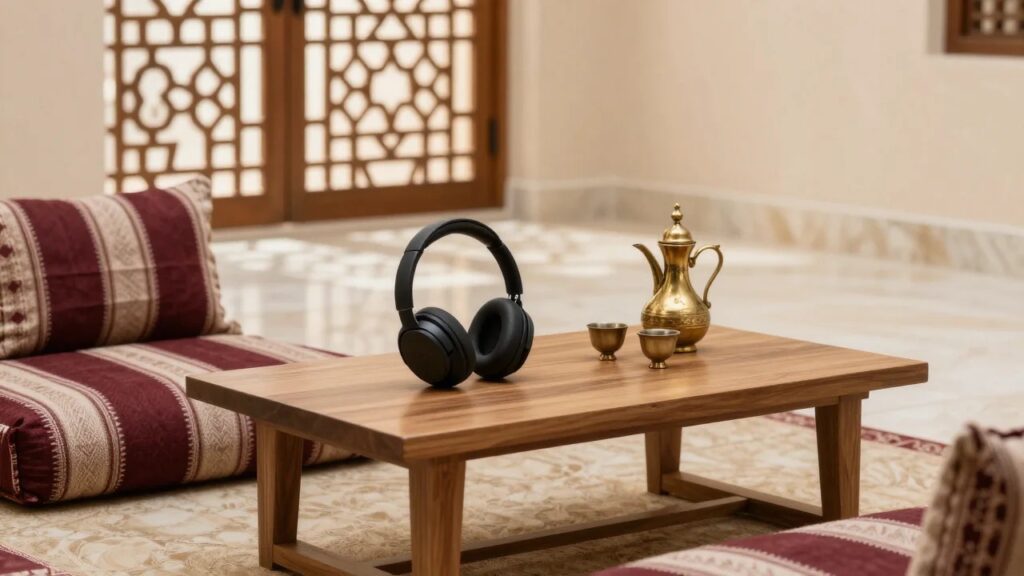 سماعات لاسلكية فوق الأذن في مجلس سعودي حديث مع دلة وفناجين