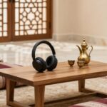 سماعات لاسلكية فوق الأذن في مجلس سعودي حديث مع دلة وفناجين
